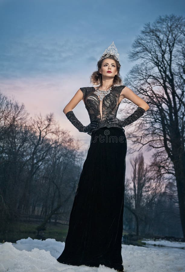 Giovane signora adorabile che posa drammaticamente con il diadema nero lungo dell'argento e del vestito nel paesaggio di inverno immagini stock libere da diritti Giovane signora adorabile che posa drammaticamente con il diadema nero lungo dell'argento e del vestito nel paesaggio di inverno immagini stock libere da diritti