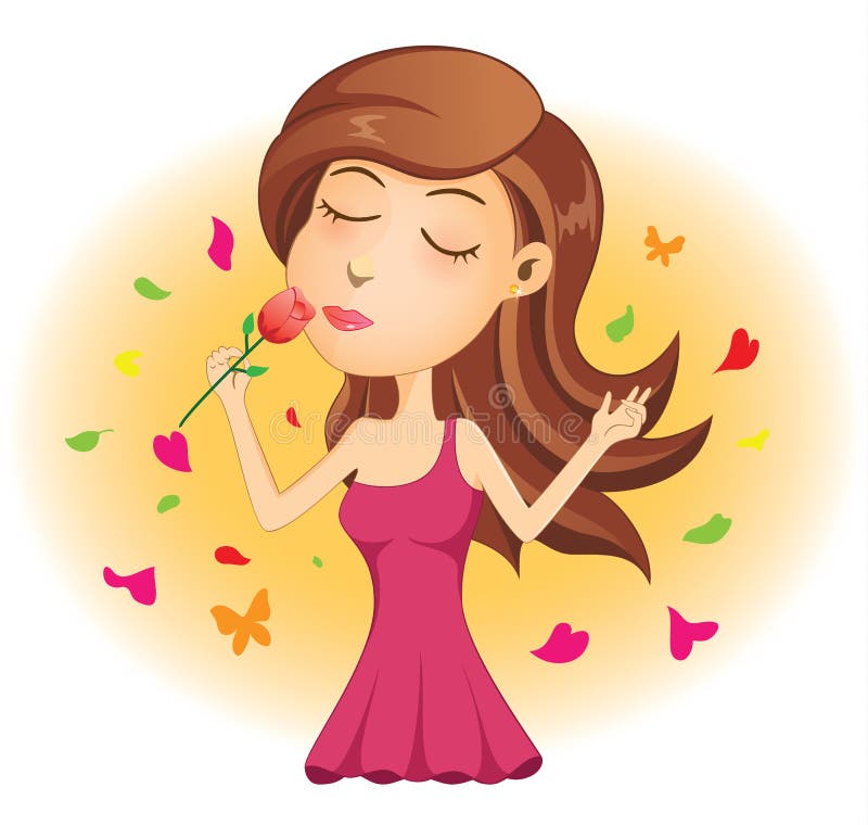 Giovane Signora Smelling Red Rose Illustrazione Vettoriale