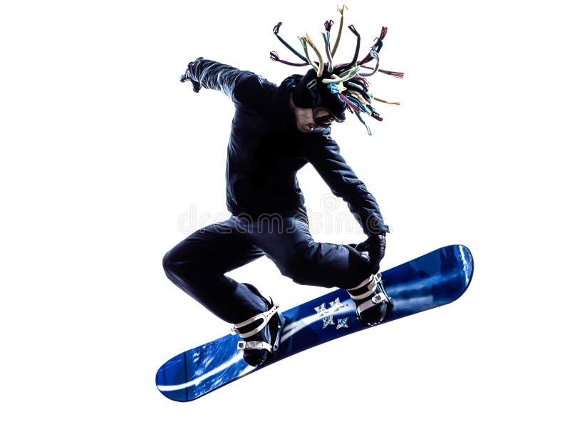 Giovane siluetta dell'uomo dello snowboarder fotografia stock Giovane siluetta dell'uomo dello snowboarder fotografia stock