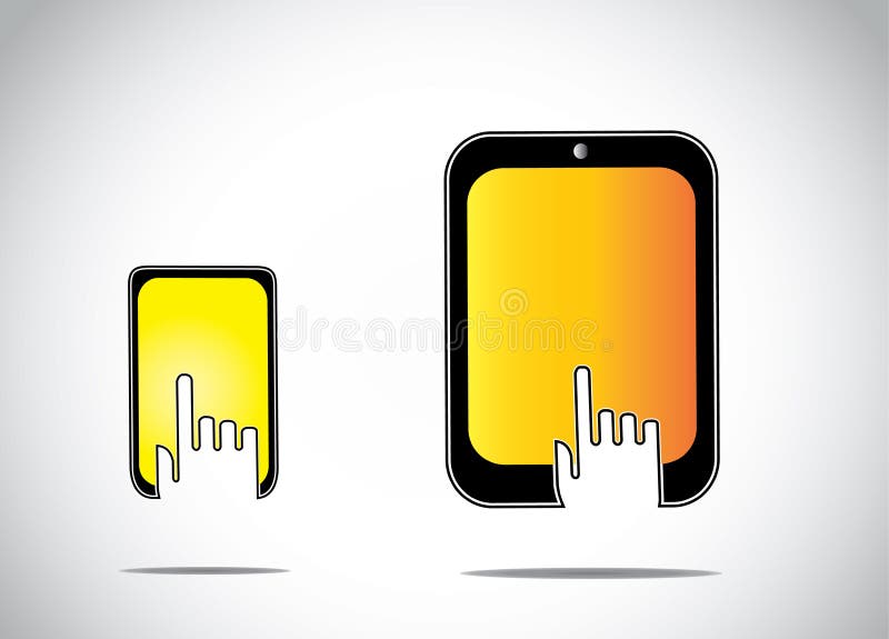 Giovane siluetta umana della mano che tocca cliccare su uno smartphone mobile variopinto giallo arancione della compressa illustrazione di stock Giovane siluetta umana della mano che tocca cliccare su uno smartphone mobile variopinto giallo arancione della compressa illustrazione di stock