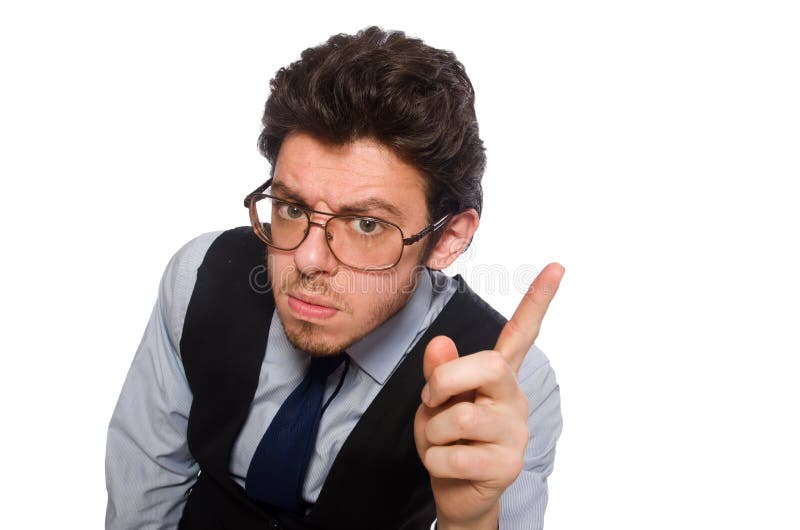 Giovane uomo d'affari nel concetto divertente su bianco immagine stock Giovane uomo d'affari nel concetto divertente su bianco immagine stock