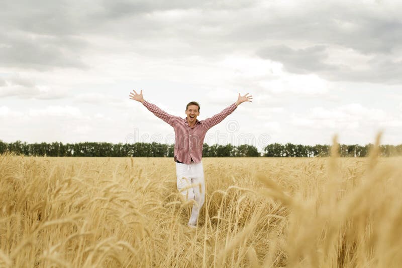 Giovane uomo felice con braccia stese in un campo di grano. concetto di libertà immagine stock