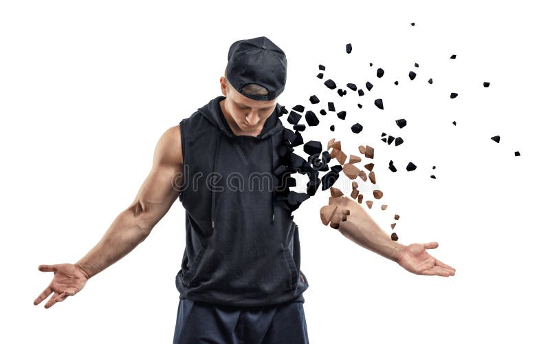 Giovane uomo muscolare in abbigliamento nero di sport che si rompe nei piccoli pezzi su fondo bianco royalty illustrazione gratis Giovane uomo muscolare in abbigliamento nero di sport che si rompe nei piccoli pezzi su fondo bianco royalty illustrazione gratis