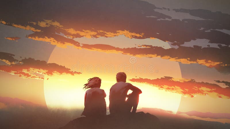 Giovani coppie che esaminano il tramonto