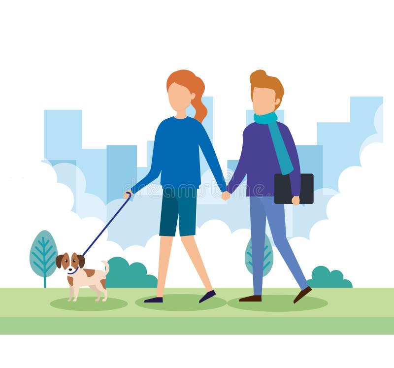 Giovani coppie con i cani nel parco illustrazione di stock Giovani coppie con i cani nel parco illustrazione di stock