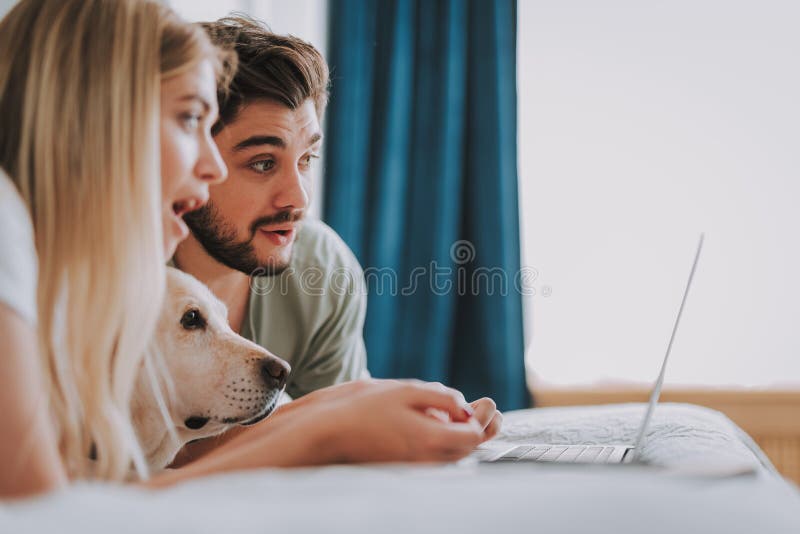 Giovani coppie piacevoli che applicano Internet a casa immagine stock Giovani coppie piacevoli che applicano Internet a casa immagine stock
