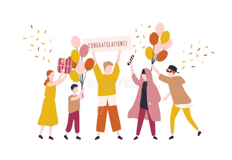 Giovani felici e donna che celebrano compleanno La gente che si rallegra alla festa a sorpresa Adolescenti allegri con i regali illustrazione di stock Giovani felici e donna che celebrano compleanno La gente che si rallegra alla festa a sorpresa Adolescenti allegri con i regali illustrazione di stock
