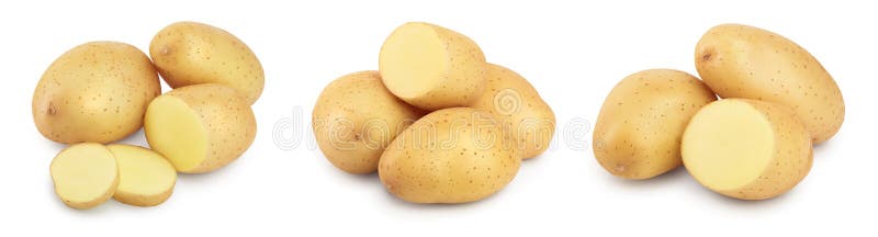 Giovani patate isolate su fondo bianco Raccolto nuovo Imposta o raccolta fotografia stock Giovani patate isolate su fondo bianco Raccolto nuovo Imposta o raccolta fotografia stock