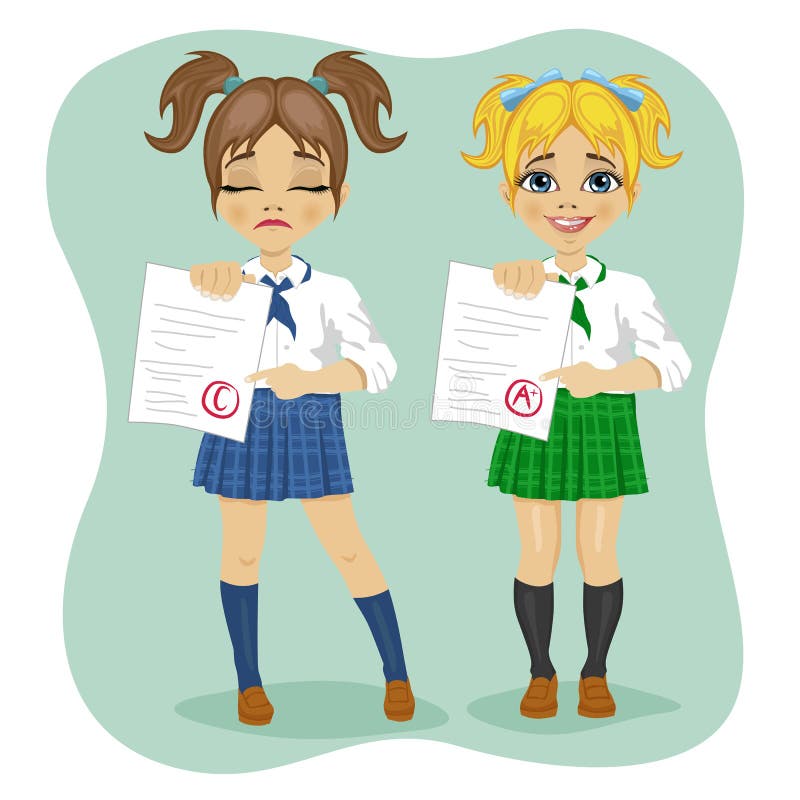 Giovani scolare che mostrano esame con i buoni e cattivi risultati dei test royalty illustrazione gratis Giovani scolare che mostrano esame con i buoni e cattivi risultati dei test royalty illustrazione gratis