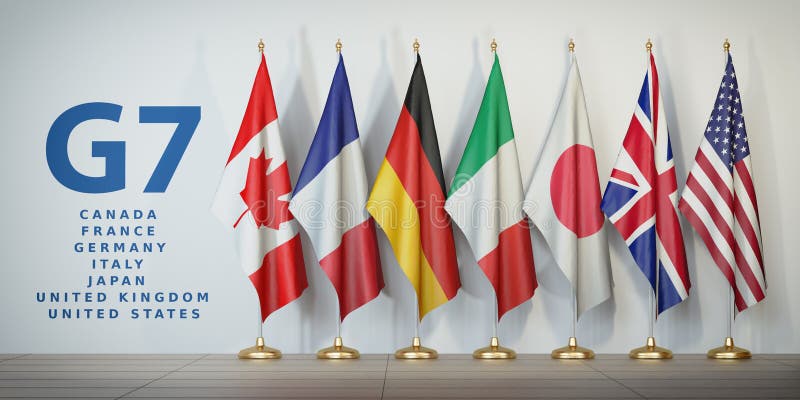 Gipfel G7 oder Sitzungskonzept Rudern Sie von den Flaggen von Mitgliedern von G7 GR vektor abbildung Gipfel G7 oder Sitzungskonzept Rudern Sie von den Flaggen von Mitgliedern von G7 GR vektor abbildung