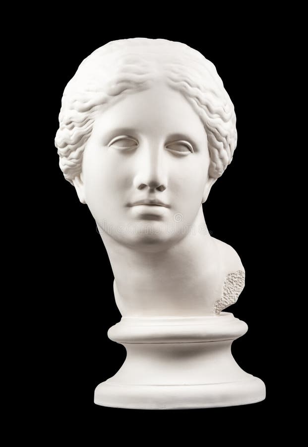 Gipskopia av det forntida statyVenus huvudet som isoleras p? svart bakgrund Framsida f? r murbrukskulpturkvinna arkivbild