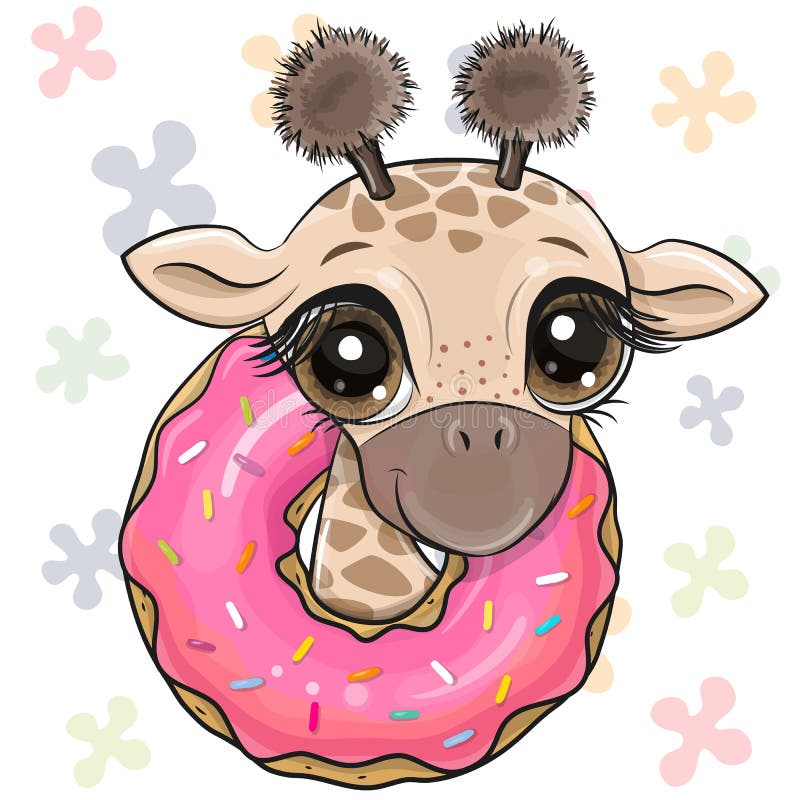 Girafa de desenho animado com um donut rosa ilustração do vetor