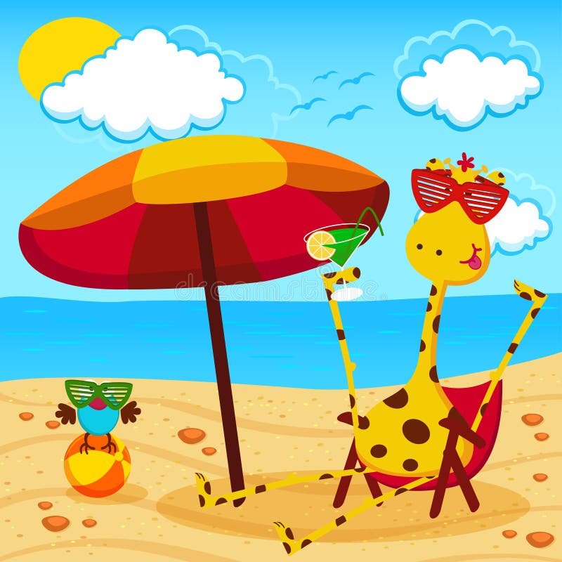 Girafe et un oiseau sur la plage illustration de vecteur Girafe et un oiseau sur la plage illustration de vecteur