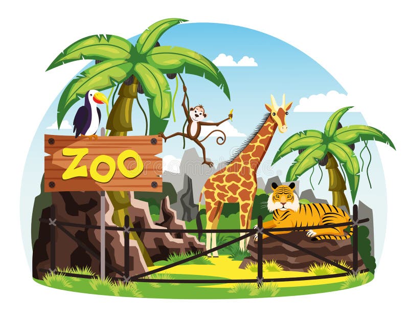 Giraff och apa, tiger och tukan på zoo vektor illustrationer Giraff och apa, tiger och tukan på zoo vektor illustrationer