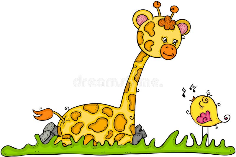 Giraffa sveglia che si siede con poco uccello che canta illustrazione di stock Giraffa sveglia che si siede con poco uccello che canta illustrazione di stock