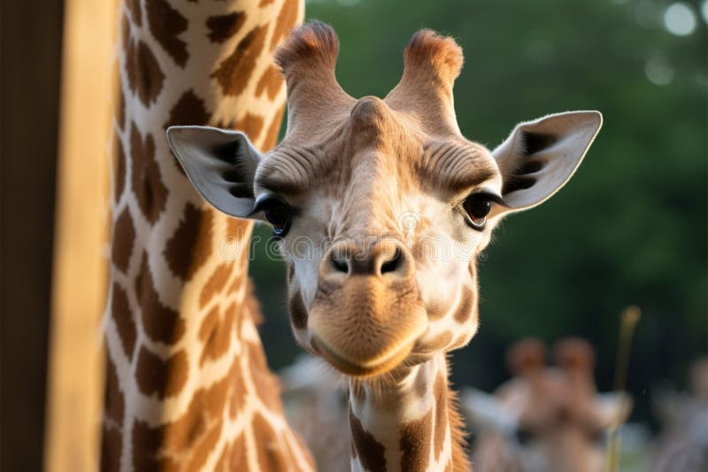 Giraffar upp nära porträtt och observerar dig från husfönstret royaltyfri illustrationer