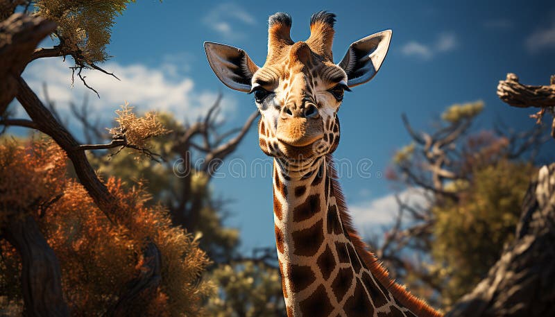 Giraffe in Afrika aussehend süß lächelnd mit gefleckter Zunge von ai generiert stockfoto