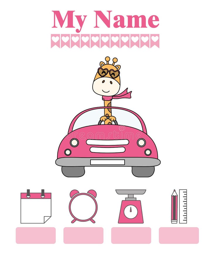 Giraffe in Car. Baby Birth Print. Baby Data Template at Birth Stock