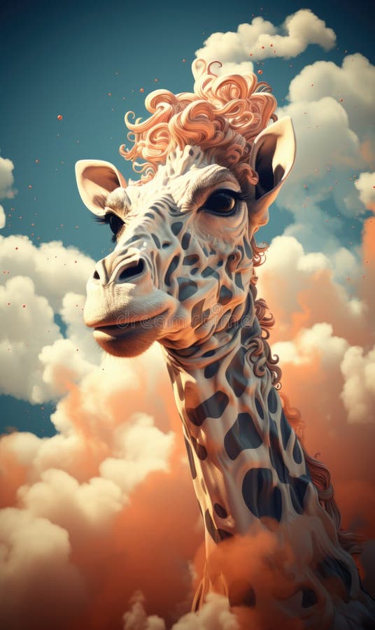 A Giraffe with Curly Hair and Clouds in the Sky, AI Stock Illustration