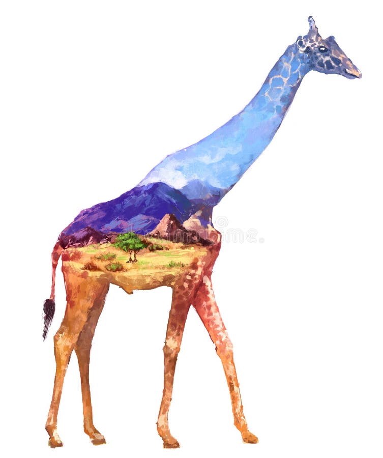 Giraffe double exposure illustration stock illustration