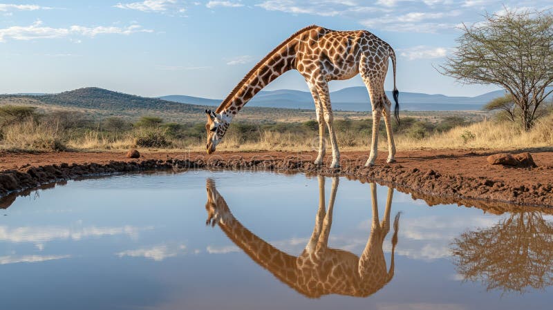 Giraffe Drinking from Waterhole: A peaceful image of a giraffe bending down to drink from a waterhole vector illustration