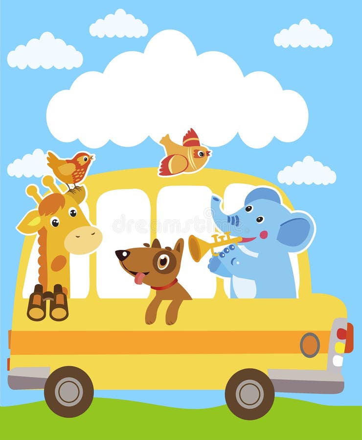 Giraffe. Elephant. Dog. Animals On The Yellow Bus. Funny Animals Party. royalty free illustration Giraffe. Elephant. Dog. Animals On The Yellow Bus. Funny Animals Party. royalty free illustration