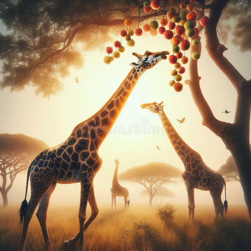 Giraffe reaching for a hanging fruit its long neck stretching el royalty free illustration