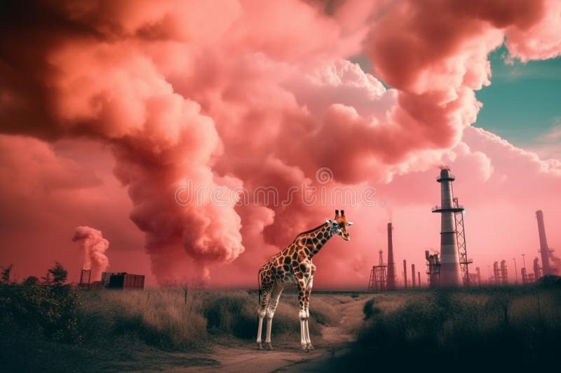 Giraffe Standing in Front Toxic Mass from a Chemical Plant. Generative