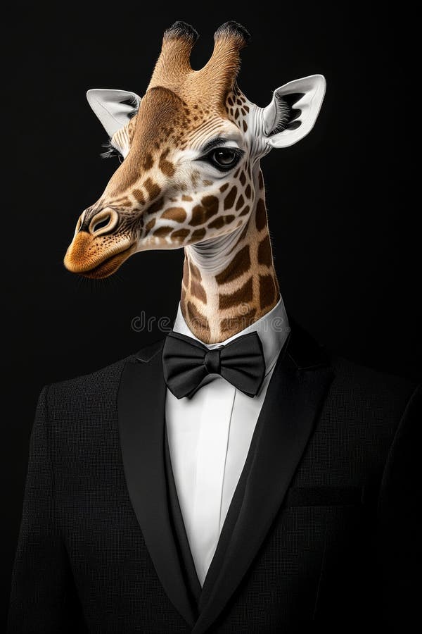 Giraffe in Tuxedo Elegant Anthropomorphic Animal Fine Art Portrait on Black Background vector illustration