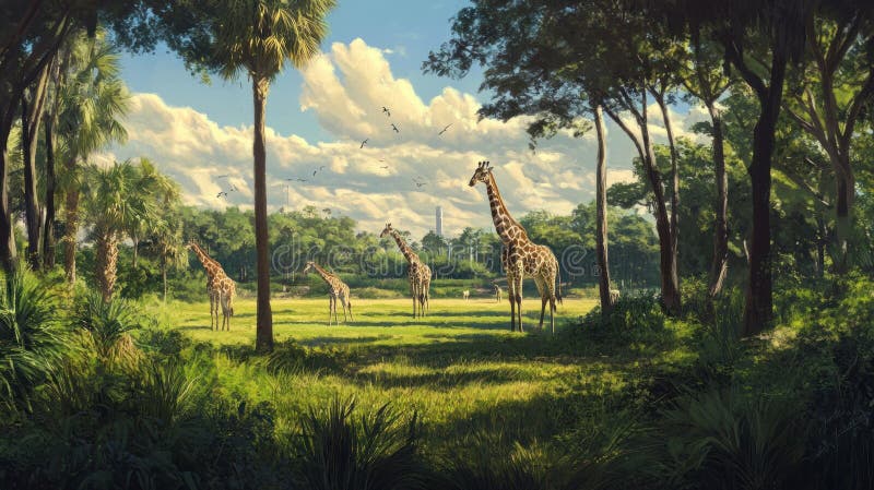 Giraffen in einer üppig grünen Savanne unter einem bewölkten Himmel mit Palmen und hohen Bäumen umgeben von einer ruhigen Szene lizenzfreie abbildung