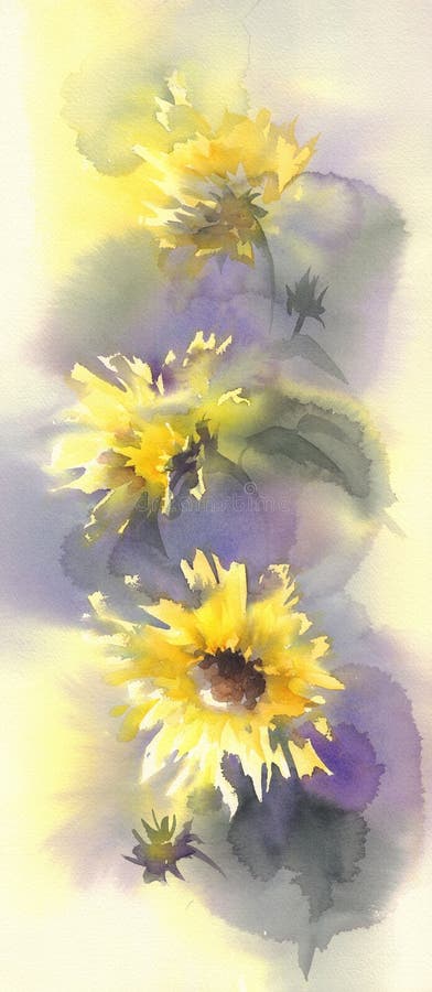 Sunny sunflowers on the yellow and green background. Watercolor illustration. Autumn flowers. Sunny sunflowers on the yellow and green background. Watercolor illustration. Autumn flowers