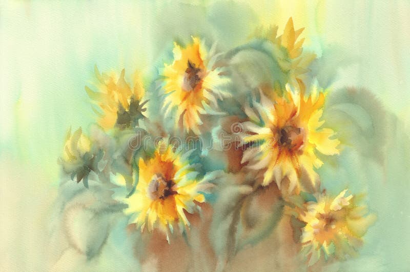 Sunny sunflowers on the yellow and green background. Watercolor illustration. Autumn flowers. Sunny sunflowers on the yellow and green background. Watercolor illustration. Autumn flowers