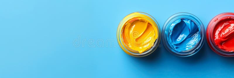 Girevoli di vernice rossa e blu su uno sfondo blu di uno spazio di copia superiore della vista. colori primari illustrazione di stock