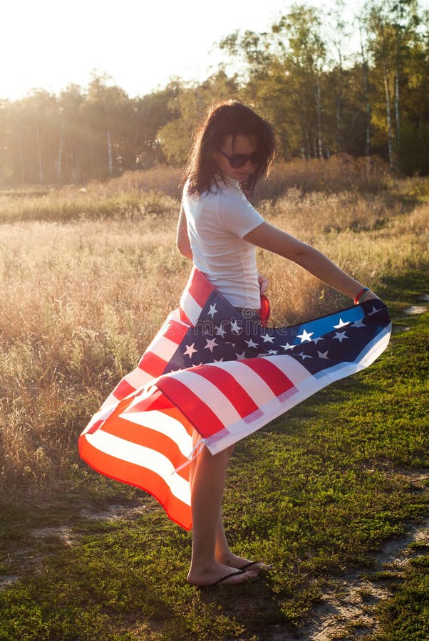 The Girl With The American Flag Outdoors, Stars And Stripes Flag ...