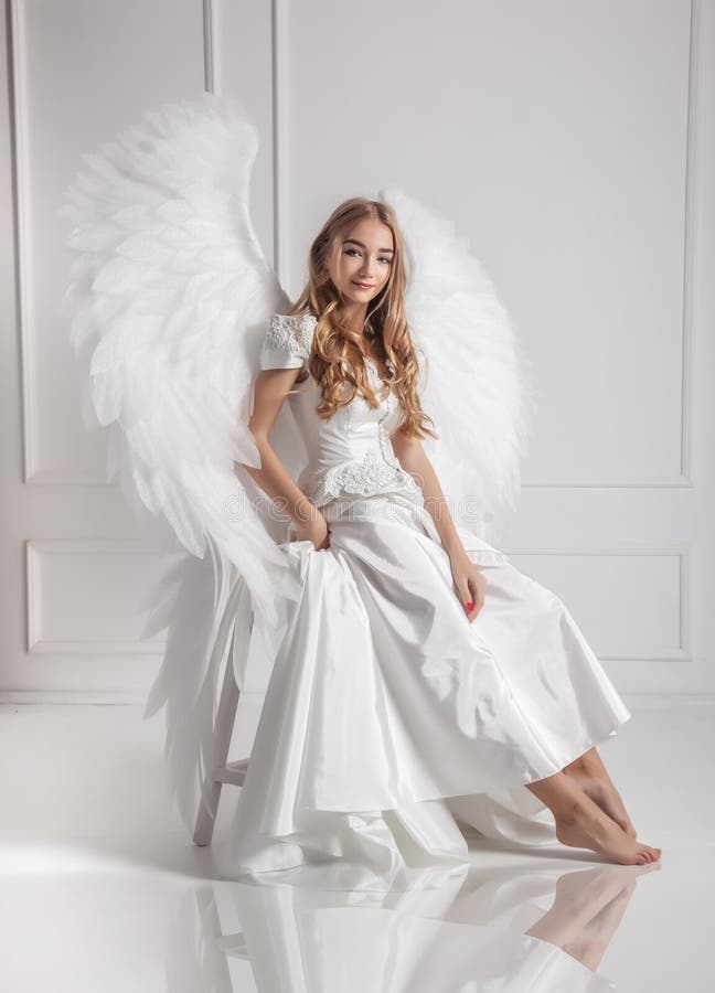 Girl with Angel Wings in White Dress Stock Image - Image of glamour ...