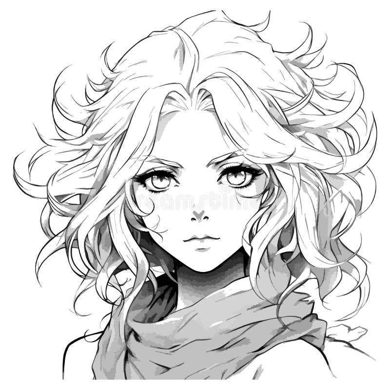 Girl in Anime Style. Vector Black and White Drawing Stock Vector ...