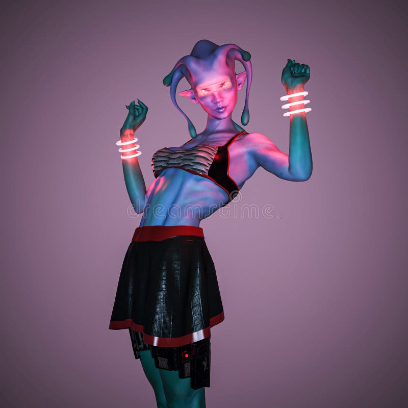 Girl from another planet in the studio doing cyber pin up power pose