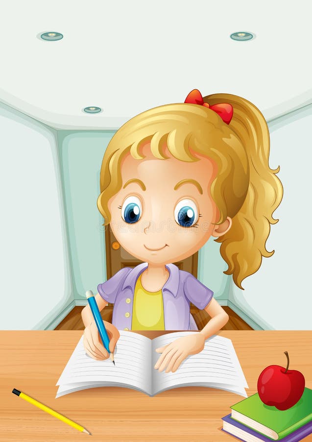 A girl with an apple at the top of a book– royalty free illustration A girl with an apple at the top of a book– royalty free illustration