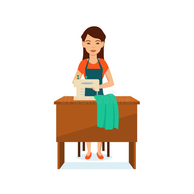 Girl in apron seamstress, sitting at table, to sewing machine. stock illustration Girl in apron seamstress, sitting at table, to sewing machine. stock illustration