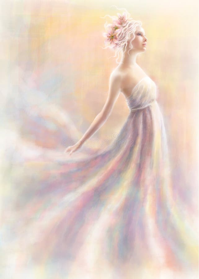 Ilustrácia, jemné dievča v leteckej svetlo šaty.