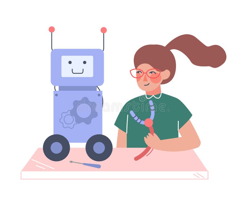 Girl Assembling and Programming Robot, Young Engineer Character Working on  Future Technology Educational Project Cartoon Stock Vector - Illustration  of female, program: 201624553