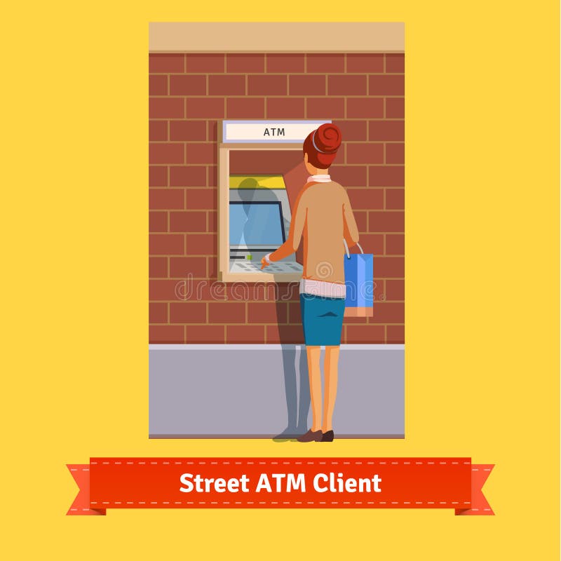 Girl at ATM machine doing deposit or withdrawal