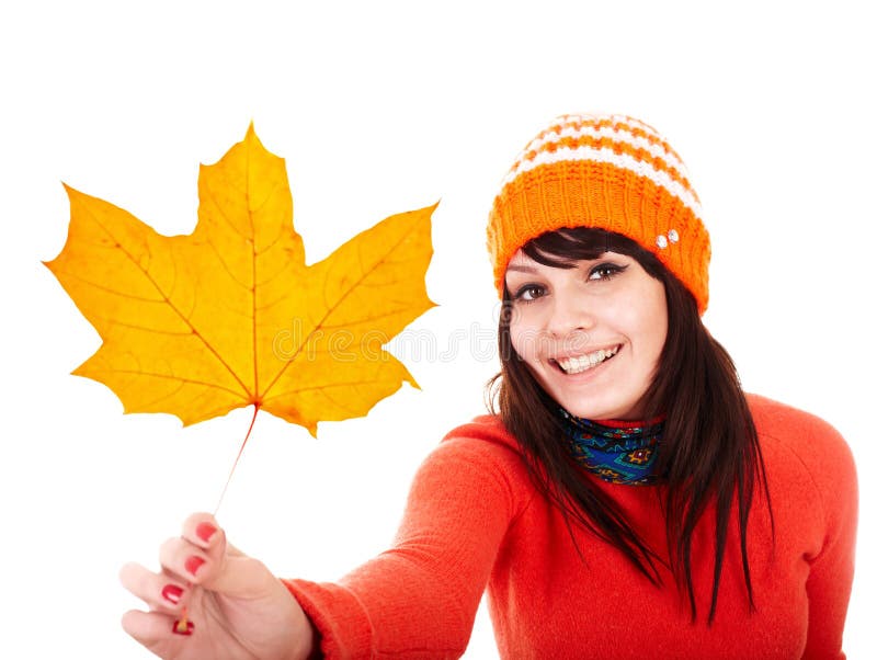 Girl in autumn orange maple leaf. Fall discount.