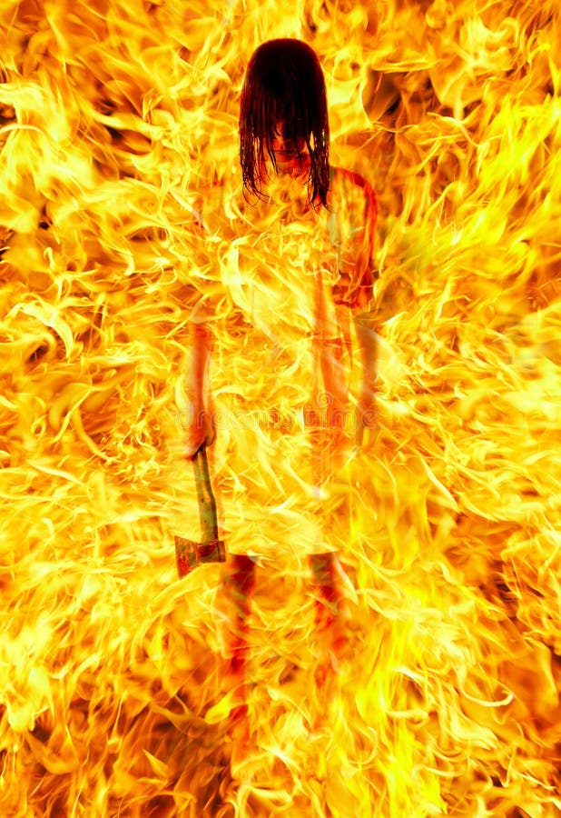 Girl with an axe in a fiery flame. royalty free stock images Girl with an axe in a fiery flame. royalty free stock images