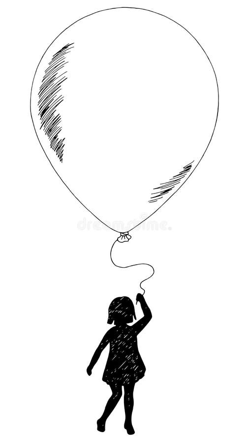 Girl With A Balloon Silhouette Graphic Black White Isolated Sketch