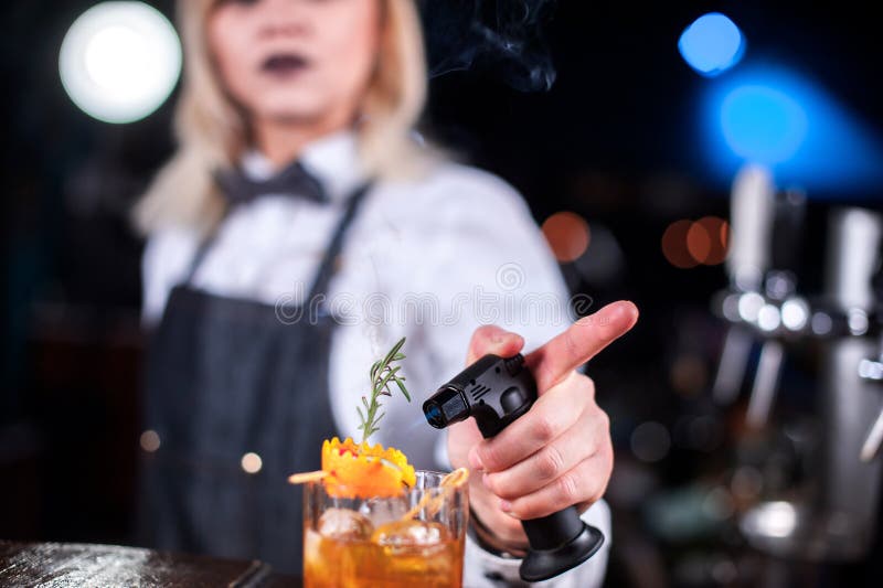 Girl Barman Formulates a Cocktail in the Brasserie Stock Image - Image ...