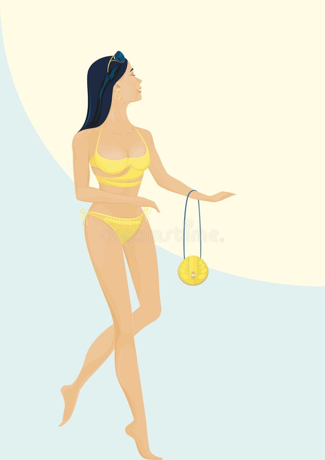 The girl in a bathing suit holds a handbag. 