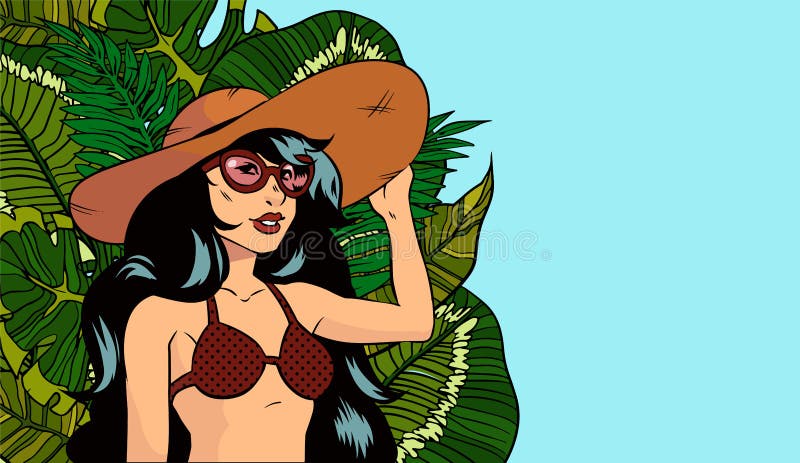 A girl on the beach pop art. Beautiful women in bikini. girl resting under tropical leaves, illustration in comic style