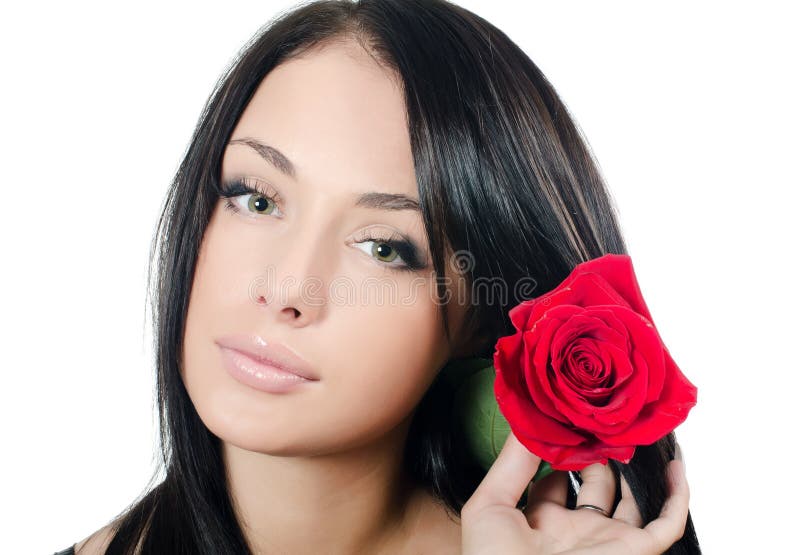 The Girl with Beautiful Hair with a Red Rose Stock Image Image of