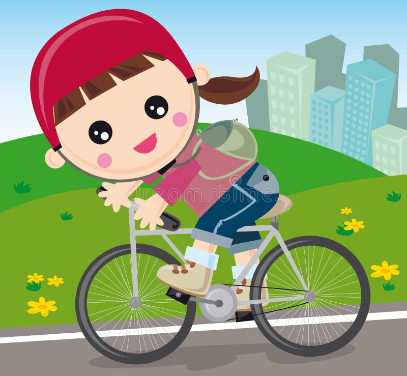 Illustrazione di una bambina di andare con la bicicletta.